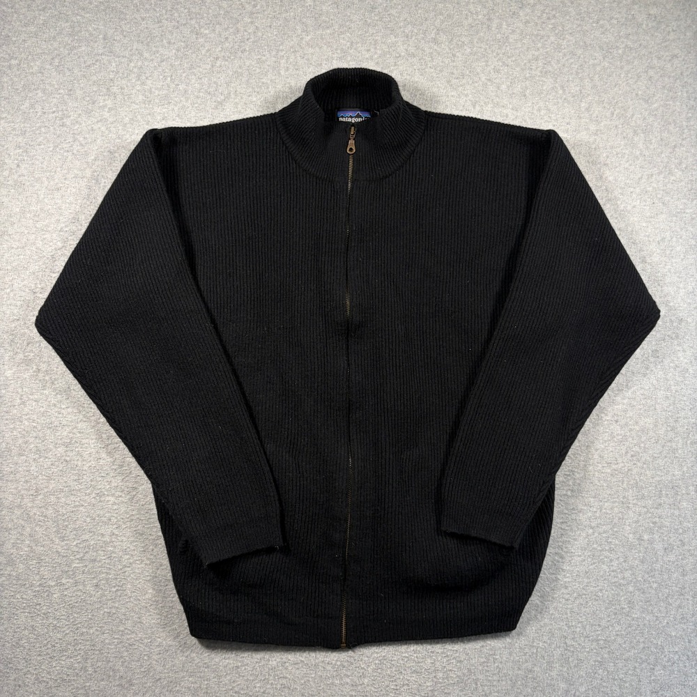 Vintage Patagonia Wool Rib Knit Sweater Jacket Mens Large Full Zip Black F7 1997